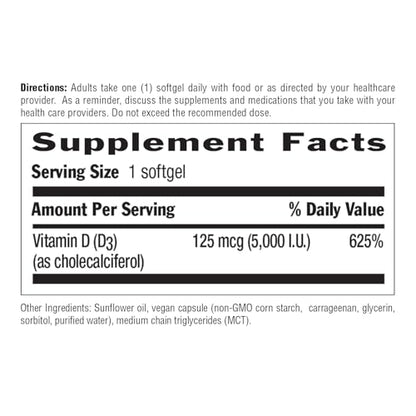 Country Life Vegan D3 5000 IU - Plant-Derived Vitamin D3 from Lichen - 60 Softgels
