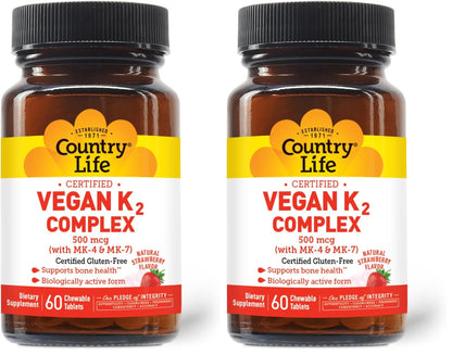 Country Life Vegan K2-500 mcg Chewables, Strawberry - Gluten Free & Vegan (Pack of 2) Bone Health