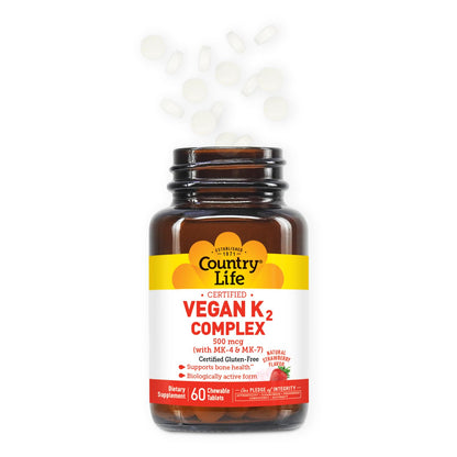 Country Life Vegan K2-500 mcg Chewables, Strawberry - Gluten Free & Vegan (Pack of 2) Bone Health
