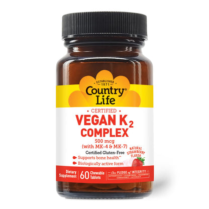Country Life Vegan K2-500 mcg Chewables – Strawberry, 60 Ct | Gluten Free & Vegan