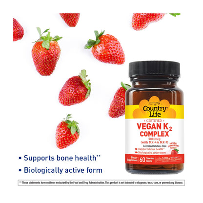 Country Life Vegan K2-500 mcg Chewables – Strawberry, 60 Ct | Gluten Free & Vegan