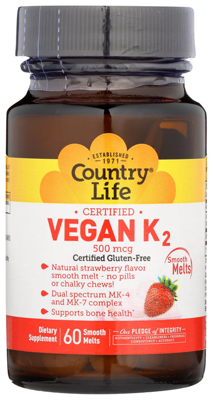Country Life Vegan Vitamin K2 500 mcg - MK-4 & MK-7, 60 Chewables, Strawberry Flavor