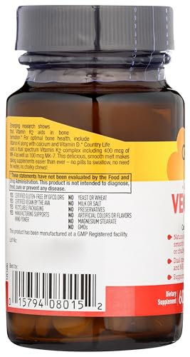 Country Life Vegan Vitamin K2 500 mcg - MK-4 & MK-7, 60 Chewables, Strawberry Flavor