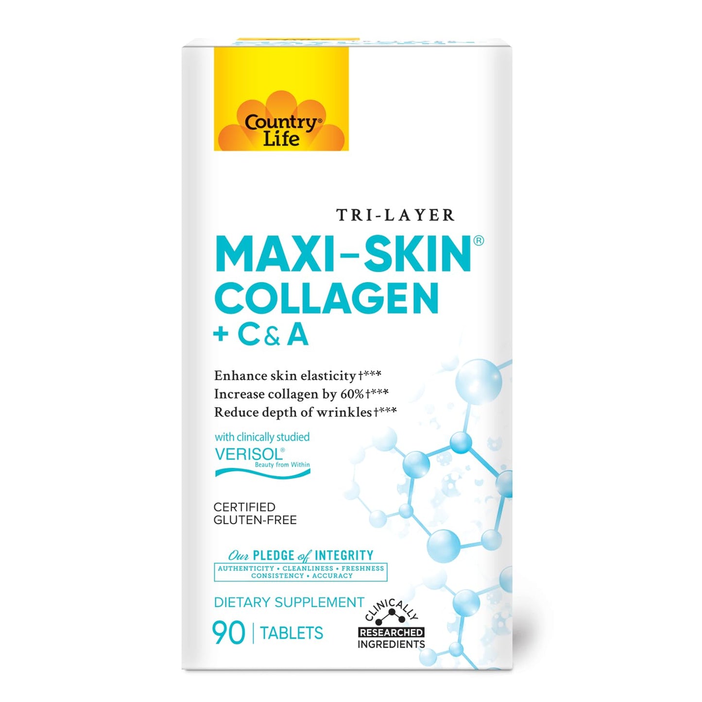 Country Life Verisol Collagen Peptides Tablets – Reduce Wrinkles & Boost Skin Elasticity – 90 Tablets (Vitamin A & C)