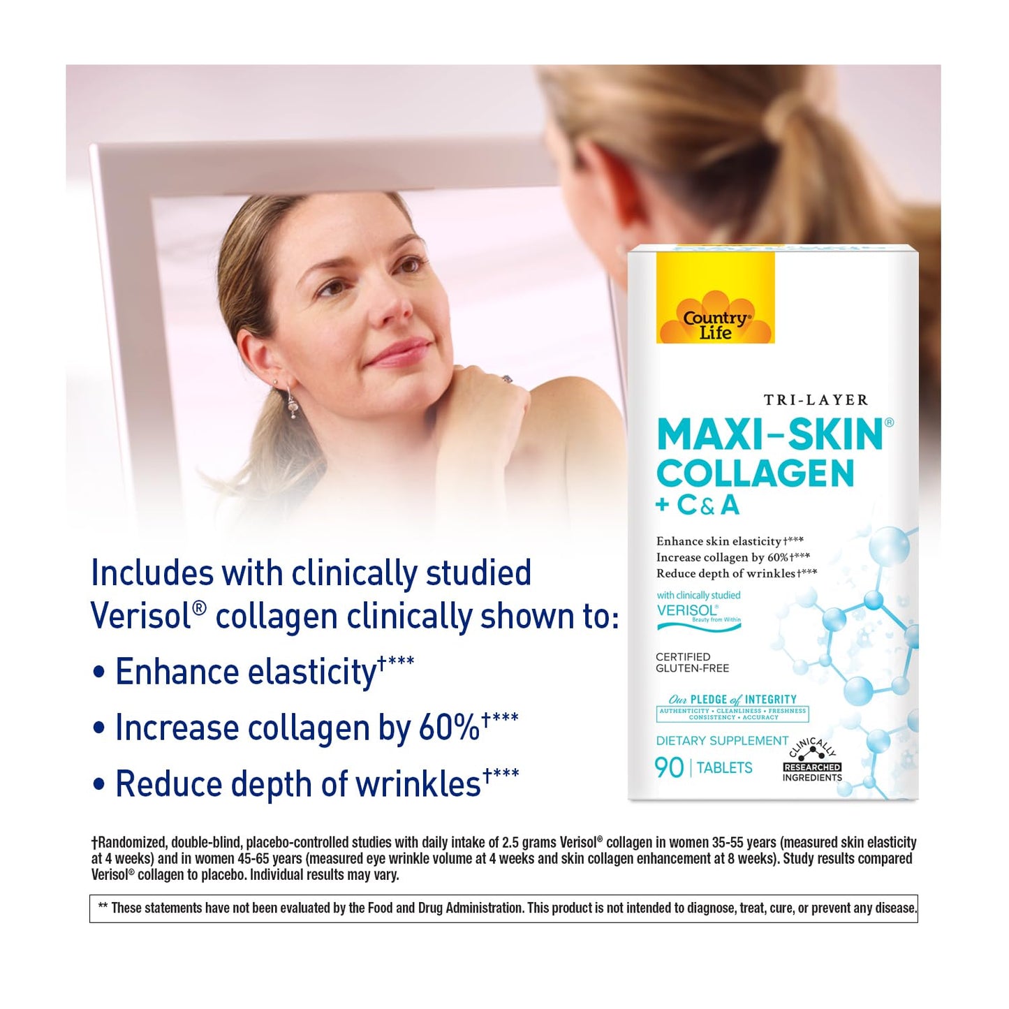 Country Life Verisol Collagen Peptides Tablets – Reduce Wrinkles & Boost Skin Elasticity – 90 Tablets (Vitamin A & C)