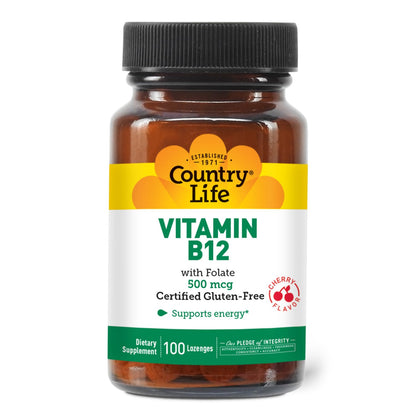 Country Life Vitamin B12 with Folate 500mcg – Energy & Red Blood Cell Support | 100 Lozenges | Gluten Free, Vegan, Halal, Non-GMO