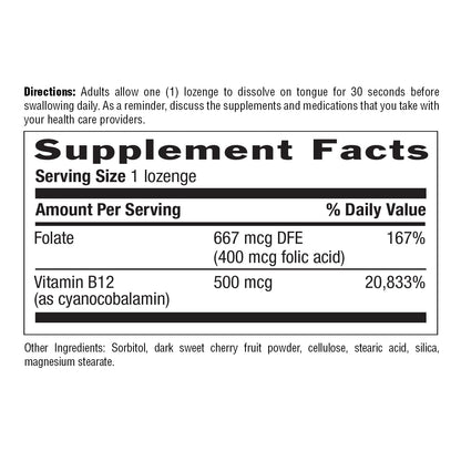 Country Life Vitamin B12 with Folate 500mcg – Energy & Red Blood Cell Support | 100 Lozenges | Gluten Free, Vegan, Halal, Non-GMO