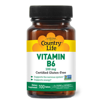 Country Life Vitamin B-6 100 mg – Energy & Nervous System Support, 100 Vegan Capsules