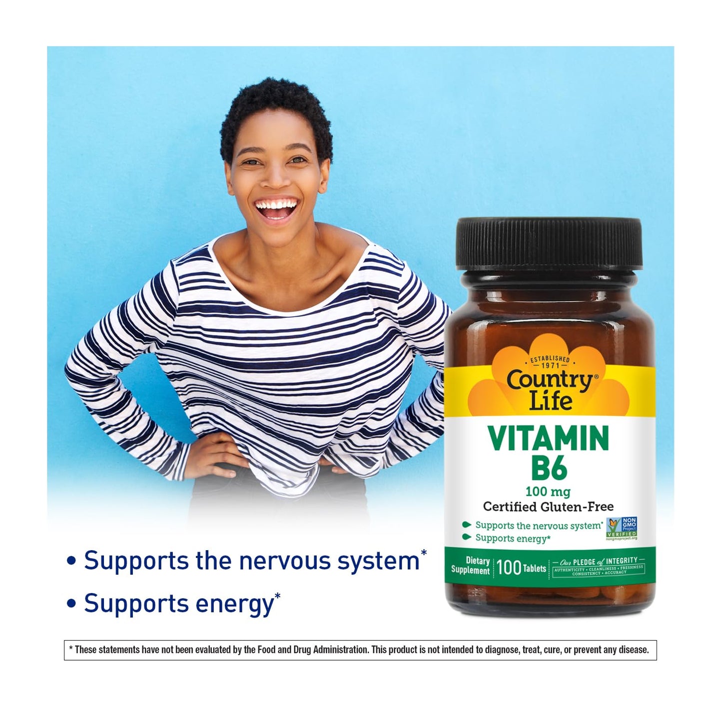Country Life Vitamin B-6 100 mg – Energy & Nervous System Support, 100 Vegan Capsules