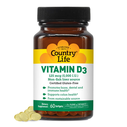 Country Life Vitamin D3 5000 IU – Supports Bones, Teeth & Immunity | 60 ct