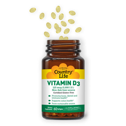 Country Life Vitamin D3 5000 IU – Supports Bones, Teeth & Immunity | 60 ct