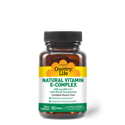 Country Life Vitamin E-Complex 400 IU – Mixed Tocopherols, Gluten-Free | 90 Softgels