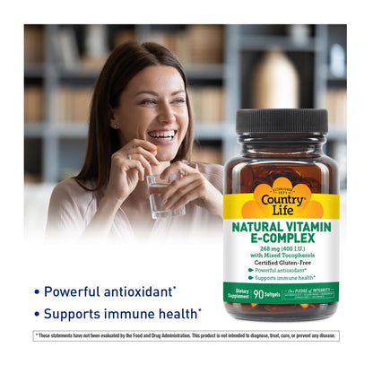 Country Life Vitamin E-Complex 400 IU – Mixed Tocopherols, Gluten-Free | 90 Softgels