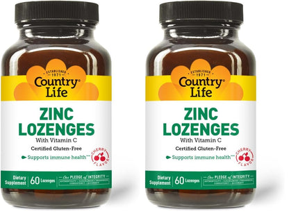 Country Life Zinc Lozenges 23 mg + Vitamin C Cherry Flavor – 60-Count (Pack of 2)