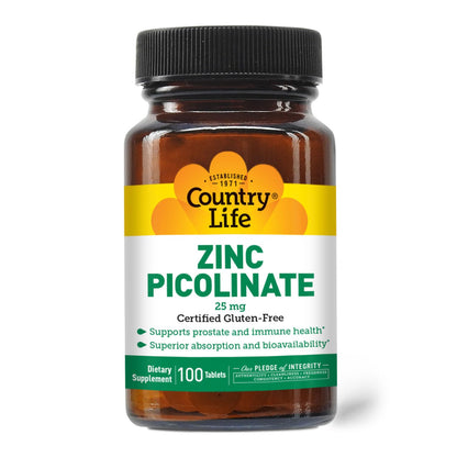 Country Life Zinc Picolinate 25 mg – Immune & Prostate Support | 100 Tablets | GF, Vegan, Halal