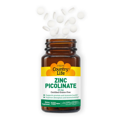 Country Life Zinc Picolinate 25 mg – Immune & Prostate Support | 100 Tablets | GF, Vegan, Halal