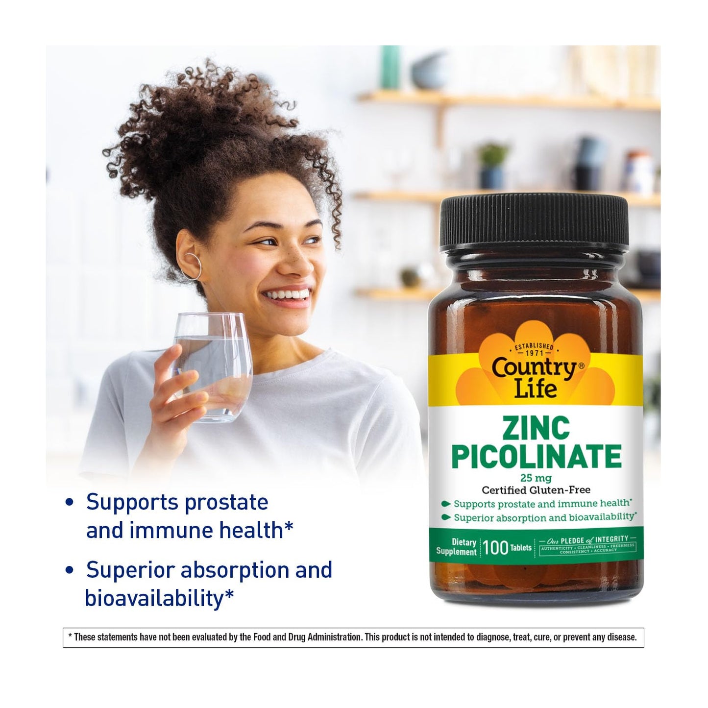 Country Life Zinc Picolinate 25 mg – Immune & Prostate Support | 100 Tablets | GF, Vegan, Halal
