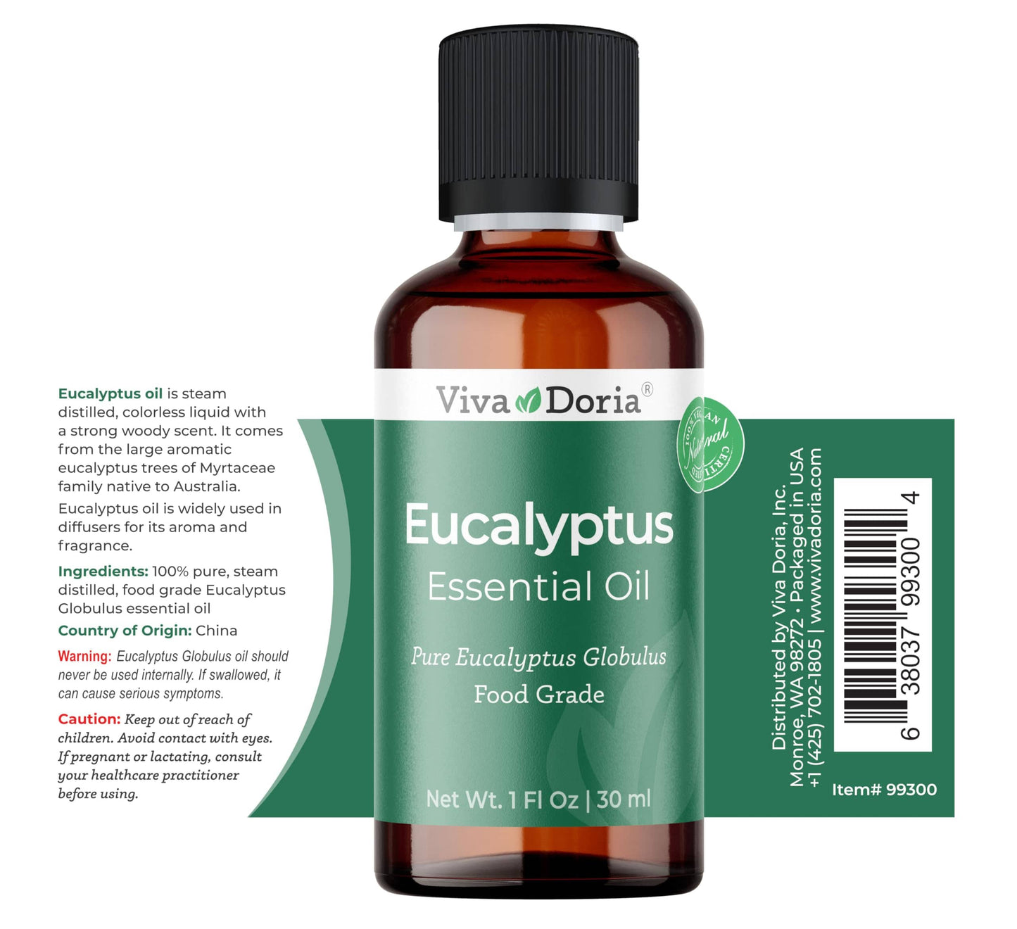 Viva Doria Eucalyptus Essential Oil – 100% Pure, Food Grade, Globulus, 30 mL