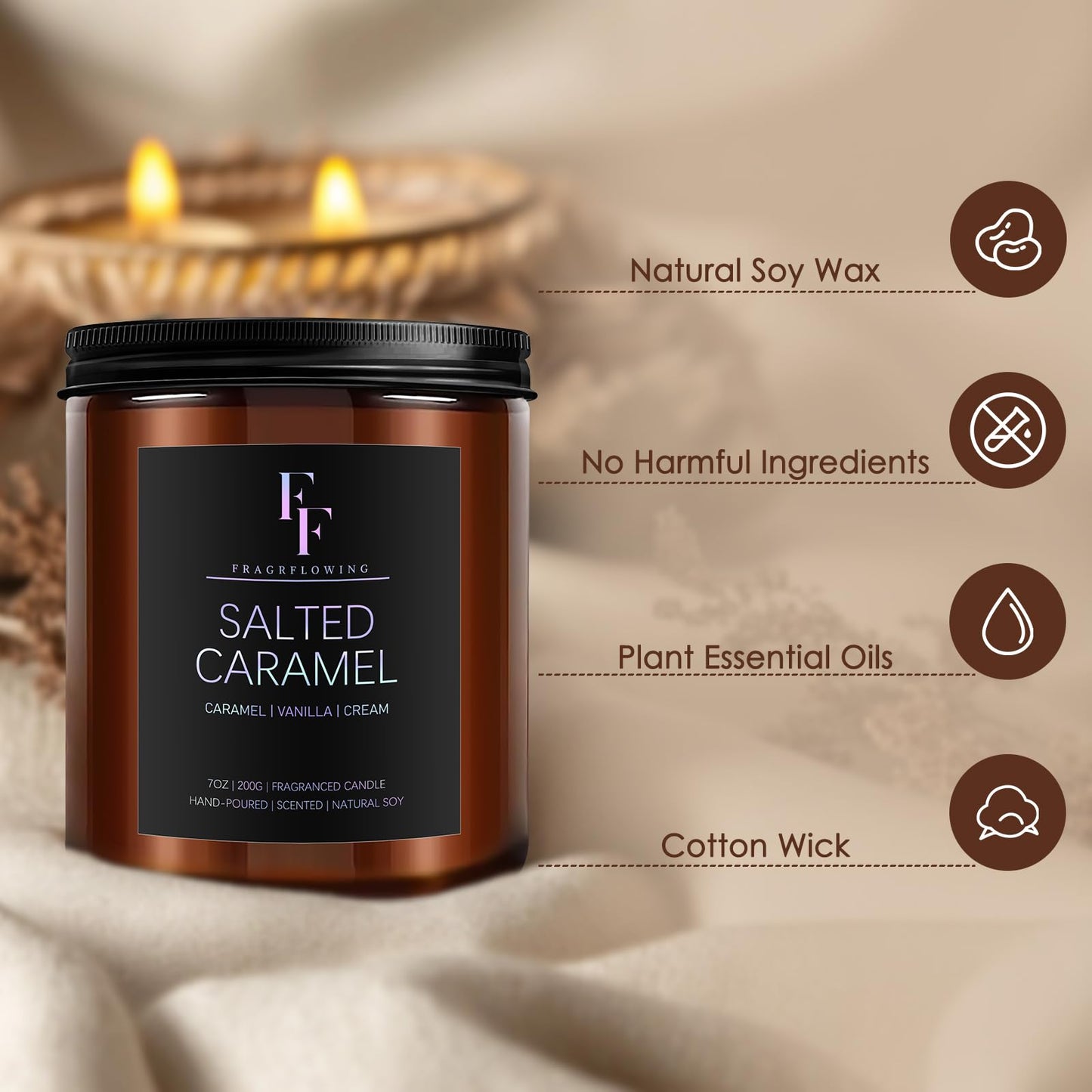 Salted Caramel Scented Candle – 7oz Soy Wax, Aromatherapy Gift
