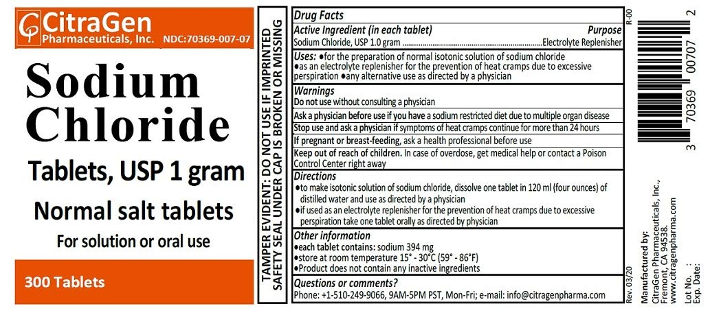 Sodium Chloride Tablets 1 g USP | 300 Tablets | CP Citragen Pharmaceuticals, Inc.