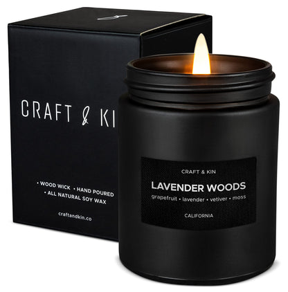 Craft & Kin Lavender Woods Candle | Men’s Black Christmas Soy Candle 7.6oz | 45h Burn