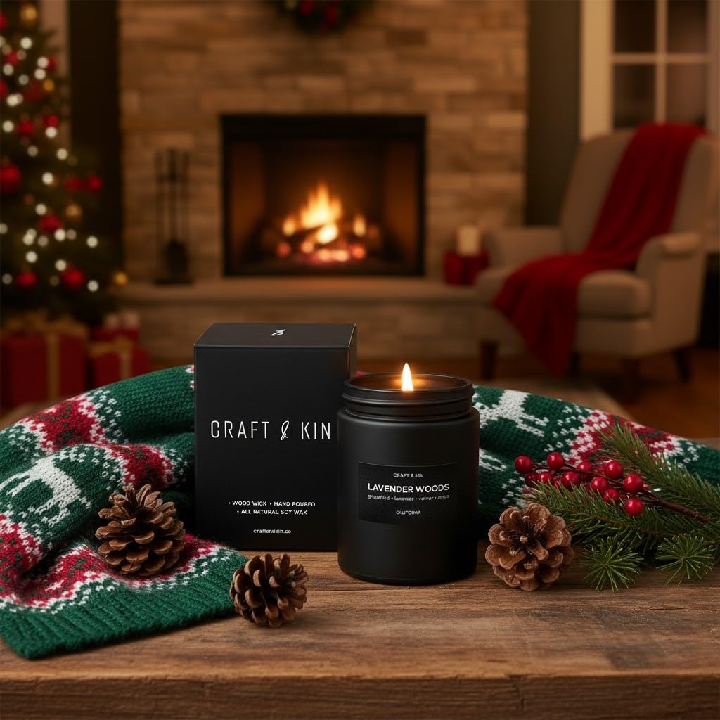 Craft & Kin Lavender Woods Candle | Men’s Black Christmas Soy Candle 7.6oz | 45h Burn