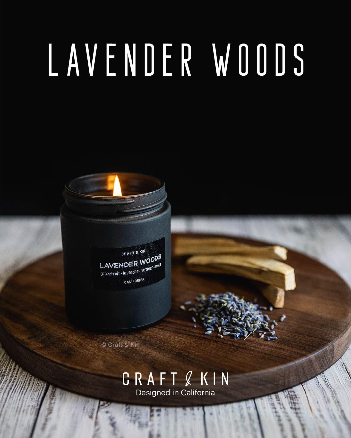Craft & Kin Lavender Woods Candle | Men’s Black Christmas Soy Candle 7.6oz | 45h Burn