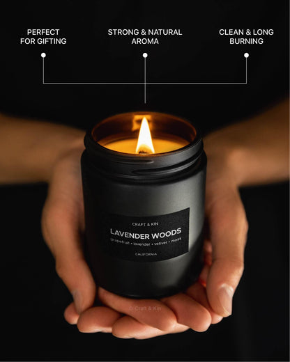 Craft & Kin Lavender Woods Candle | Men’s Black Christmas Soy Candle 7.6oz | 45h Burn