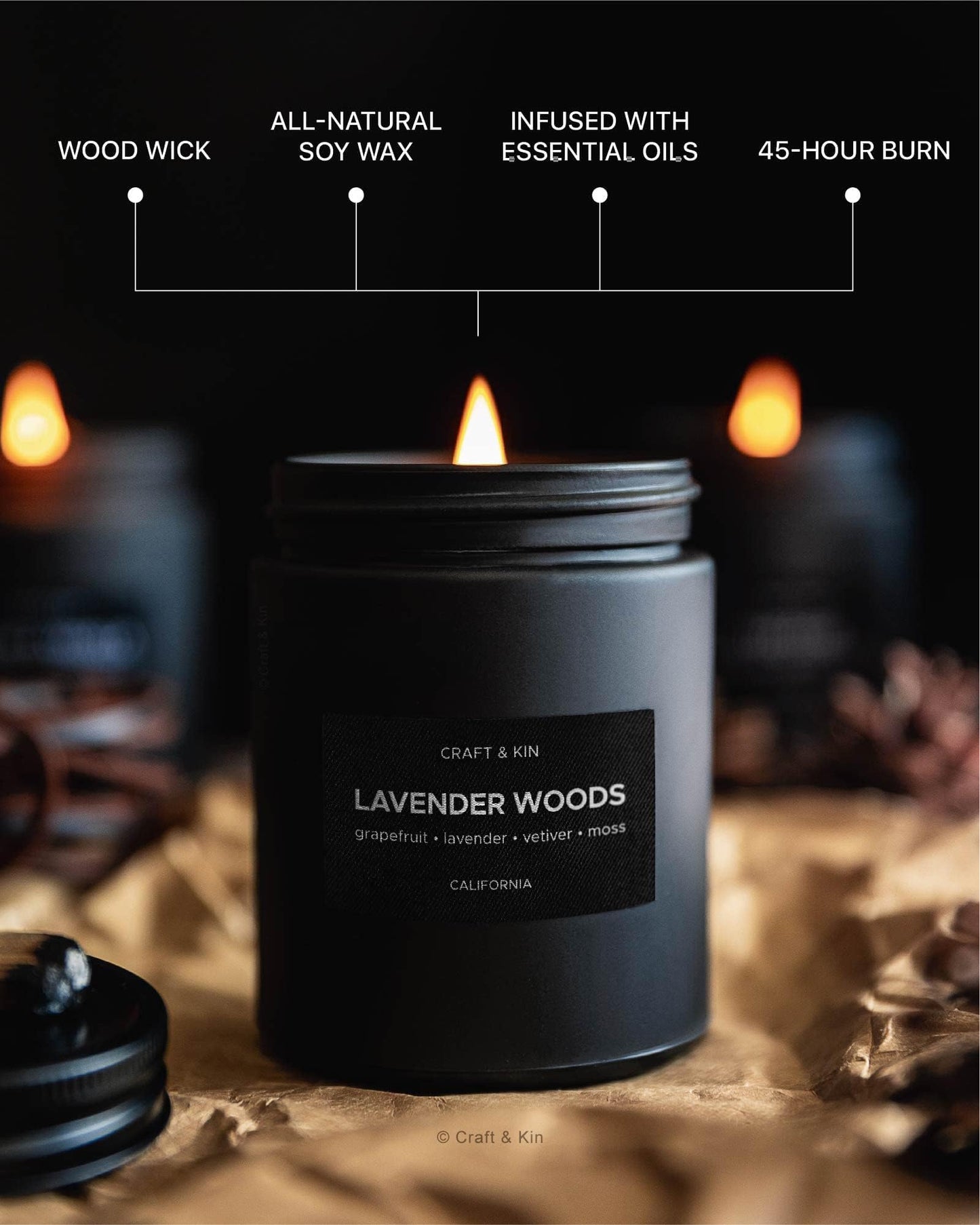 Craft & Kin Lavender Woods Candle | Men’s Black Christmas Soy Candle 7.6oz | 45h Burn