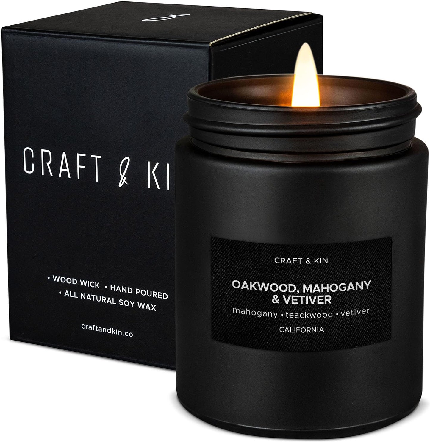 Craft & Kin Oakwood, Mahogany & Vetiver Candle – 7.6oz Soy, 45-Hour Burn