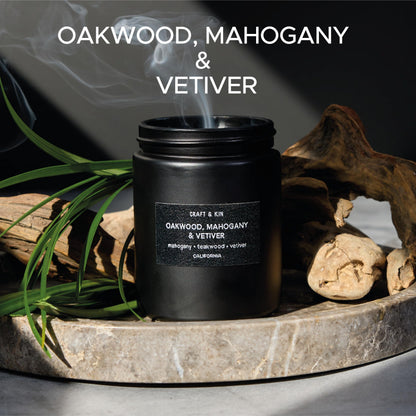 Craft & Kin Oakwood, Mahogany & Vetiver Candle – 7.6oz Soy, 45-Hour Burn