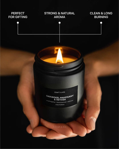Craft & Kin Oakwood, Mahogany & Vetiver Candle – 7.6oz Soy, 45-Hour Burn