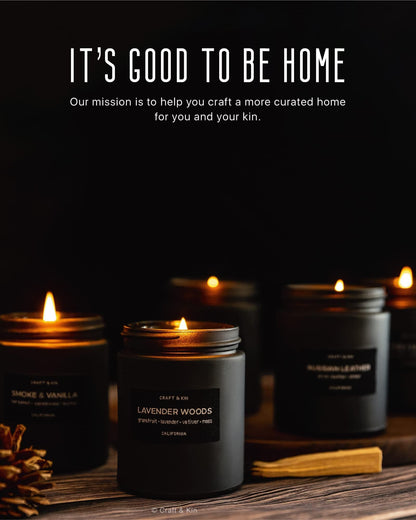 Craft & Kin Premium Vintage Leather Candle | Black Christmas Scent for Men | 7.6oz Soy Candle, 45-Hour Burn Time