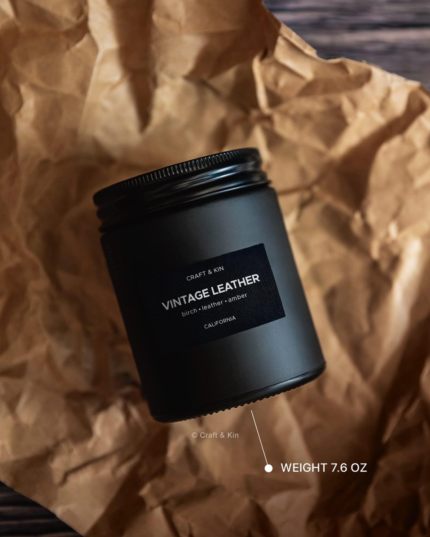 Craft & Kin Premium Vintage Leather Candle | Black Christmas Scent for Men | 7.6oz Soy Candle, 45-Hour Burn Time