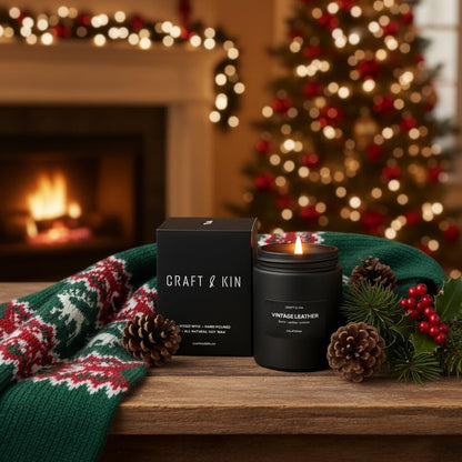 Craft & Kin Premium Vintage Leather Candle | Black Christmas Scent for Men | 7.6oz Soy Candle, 45-Hour Burn Time