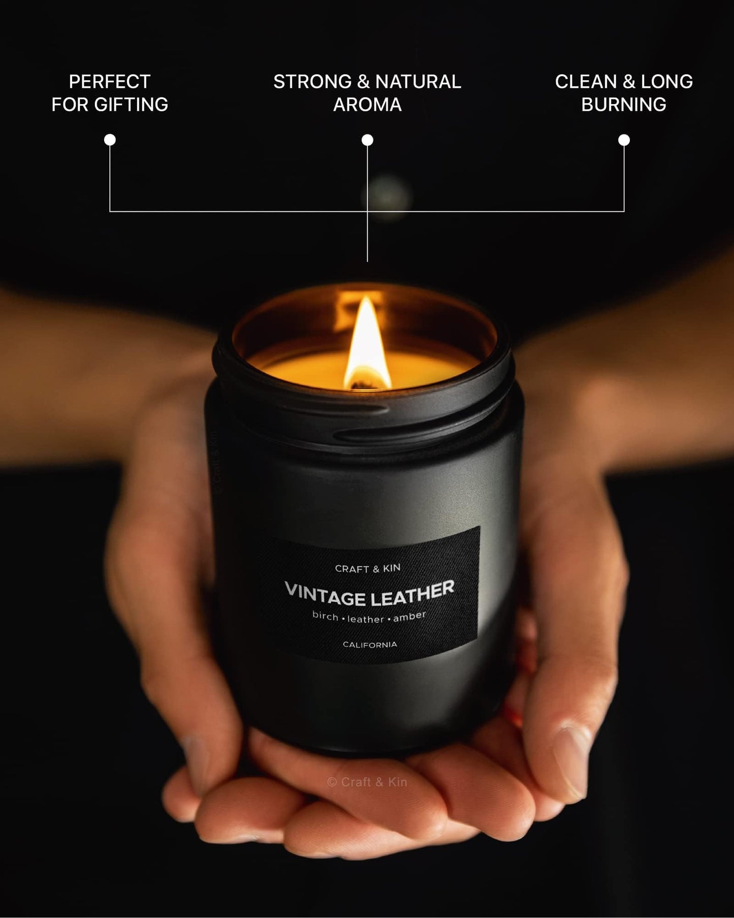 Craft & Kin Premium Vintage Leather Candle | Black Christmas Scent for Men | 7.6oz Soy Candle, 45-Hour Burn Time