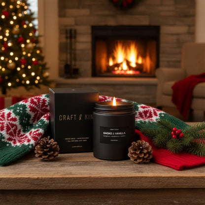 Craft & Kin Smoke & Vanilla Candle – Black Scent for Men, 7.6oz Soy, 45h Burn