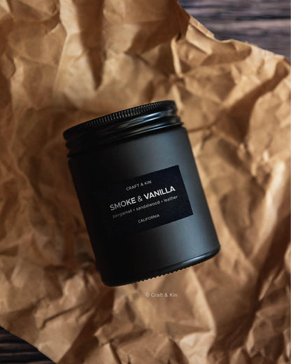 Craft & Kin Smoke & Vanilla Candle – Black Scent for Men, 7.6oz Soy, 45h Burn