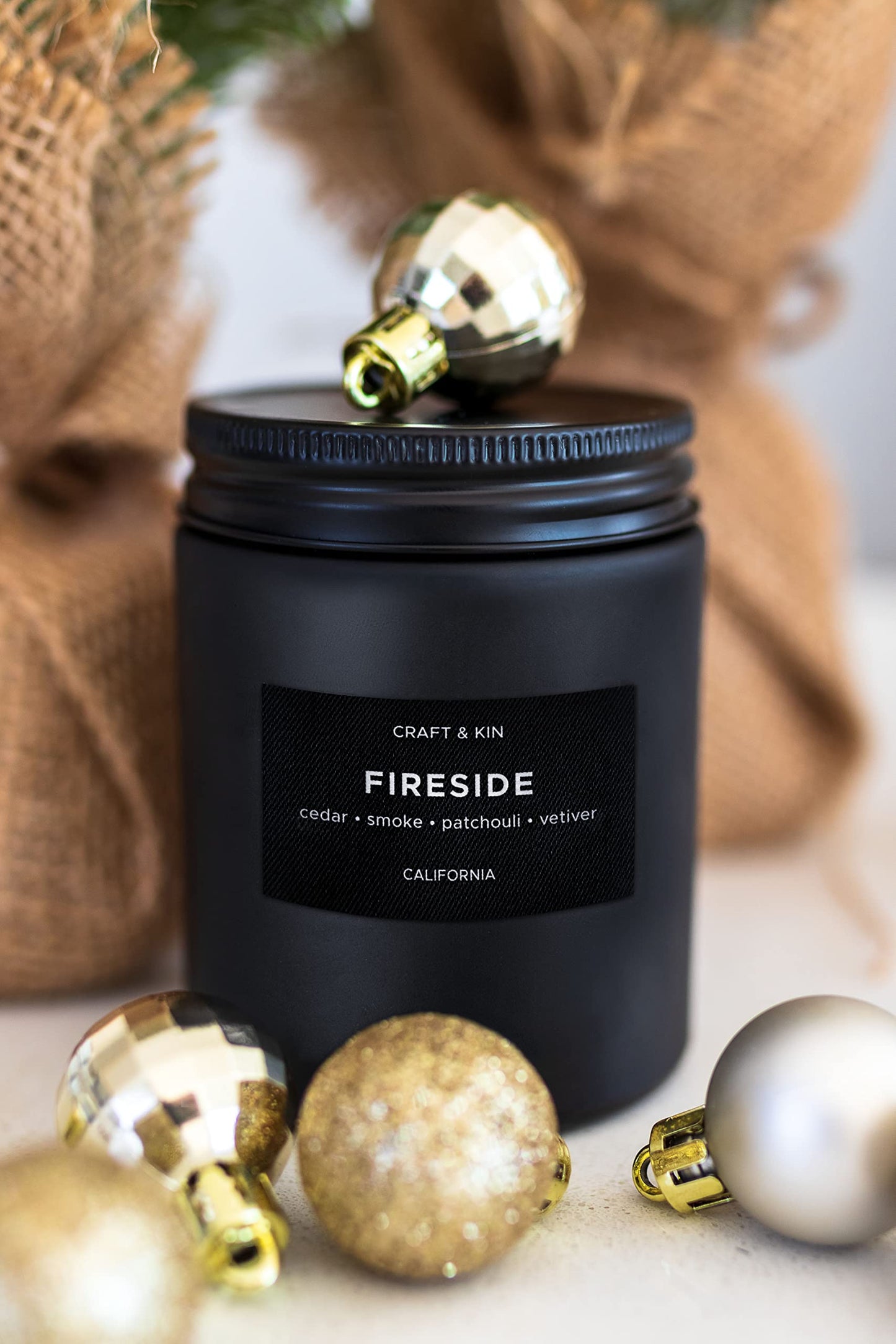 Craft & Kin Premium Smokey Fireside Candle | Scented Candles for Men | Wood Wick | 7.6oz