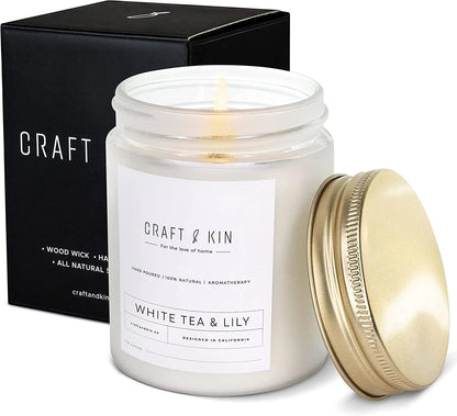 Craft & Kin White Tea & Lily Candle - 8oz, 45-Hour WoodWick Soy | Christmas Scented