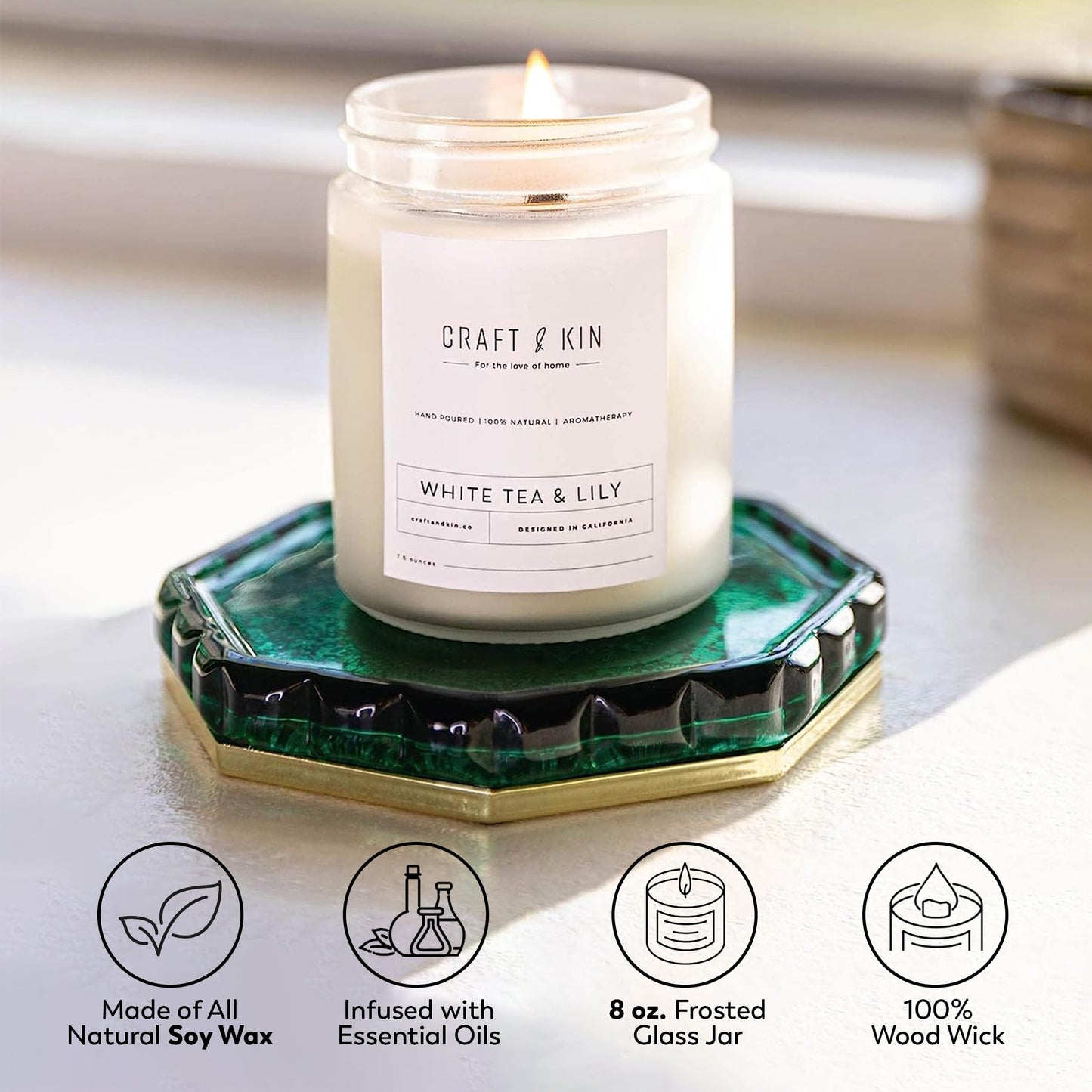 Craft & Kin White Tea & Lily Candle - 8oz, 45-Hour WoodWick Soy | Christmas Scented
