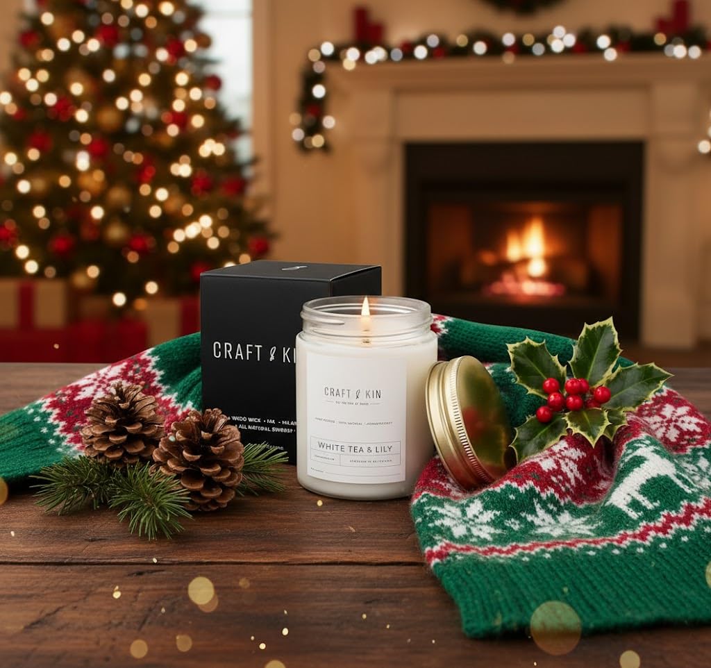 Craft & Kin White Tea & Lily Candle - 8oz, 45-Hour WoodWick Soy | Christmas Scented