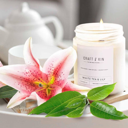 Craft & Kin White Tea & Lily Candle - 8oz, 45-Hour WoodWick Soy | Christmas Scented