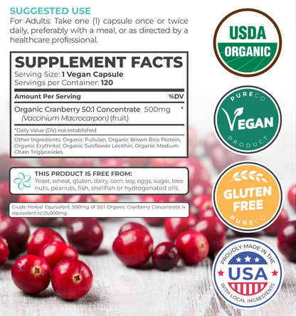 Organic Cranberry Extract Capsules — 50X Potency Cranberry Pills (4 Month Supply) — Vegan, Non-GMO, USDA Organic