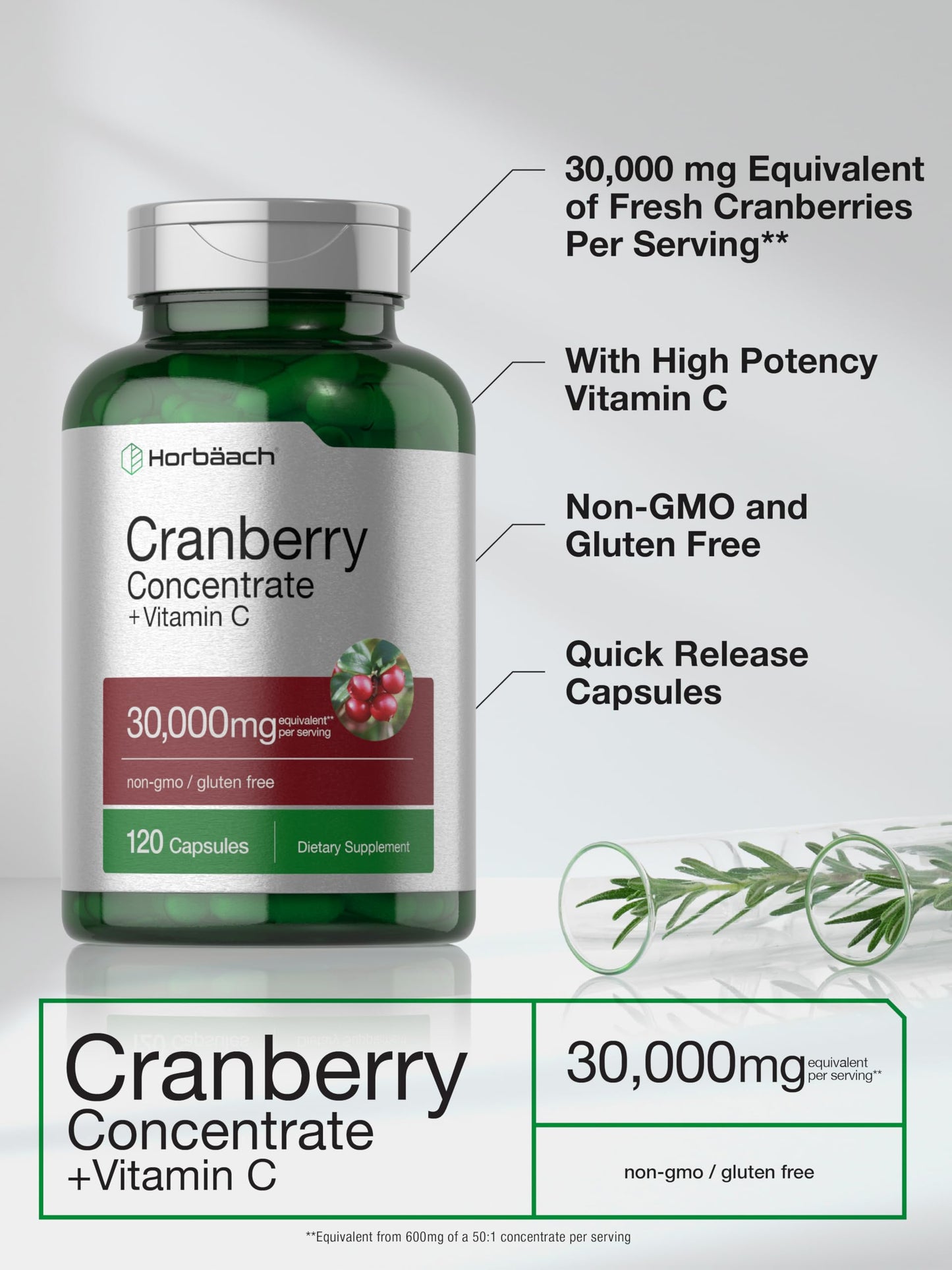 Horbäach Cranberry Concentrate + Vitamin C – 30,000mg, 120 Capsules | Non-GMO, Gluten Free