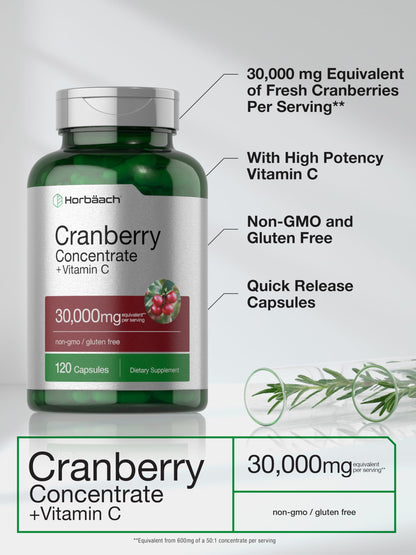Horbäach Cranberry Concentrate + Vitamin C – 30,000mg, 120 Capsules | Non-GMO, Gluten Free