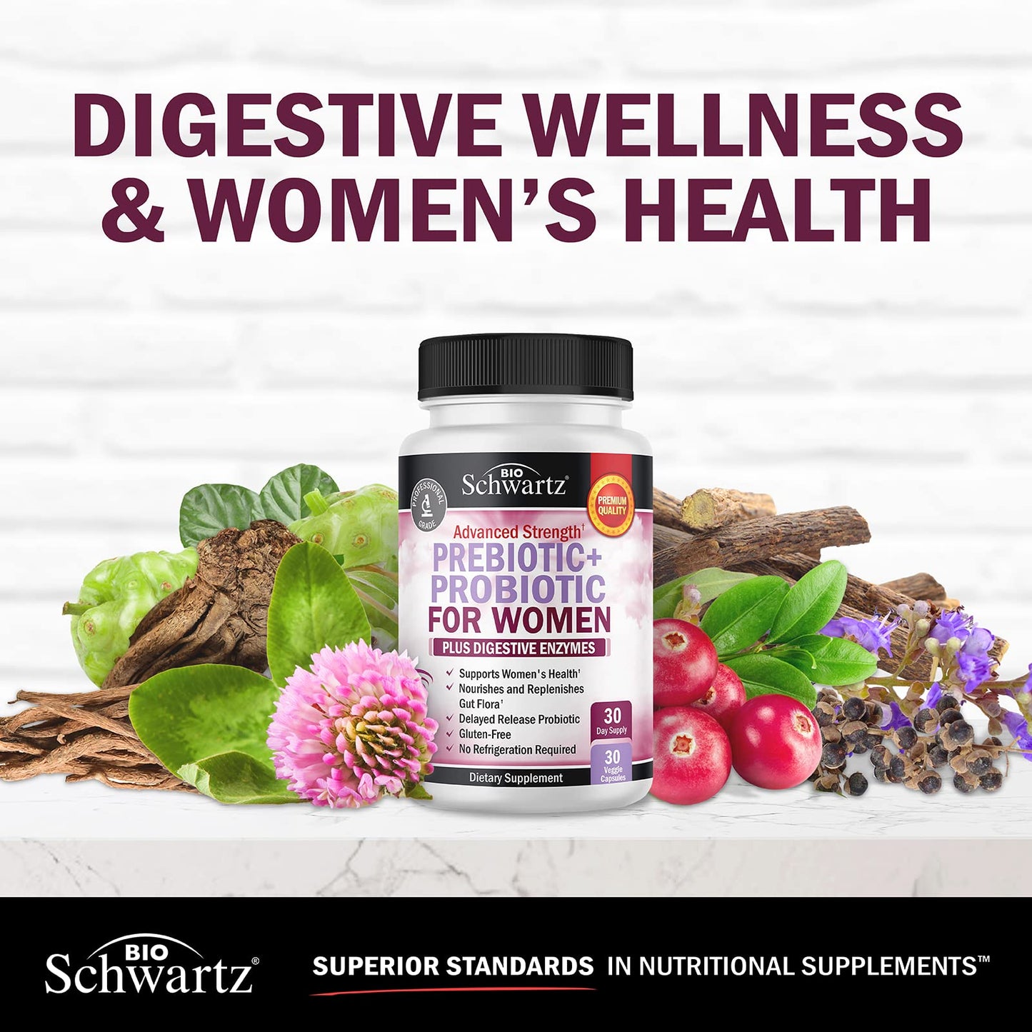 Prebiotics & Probiotics for Women – Gut, Vaginal & Immune Health Support with Black Cohosh & Red Clover (30 Count) | Whole Food Digestive Enzymes