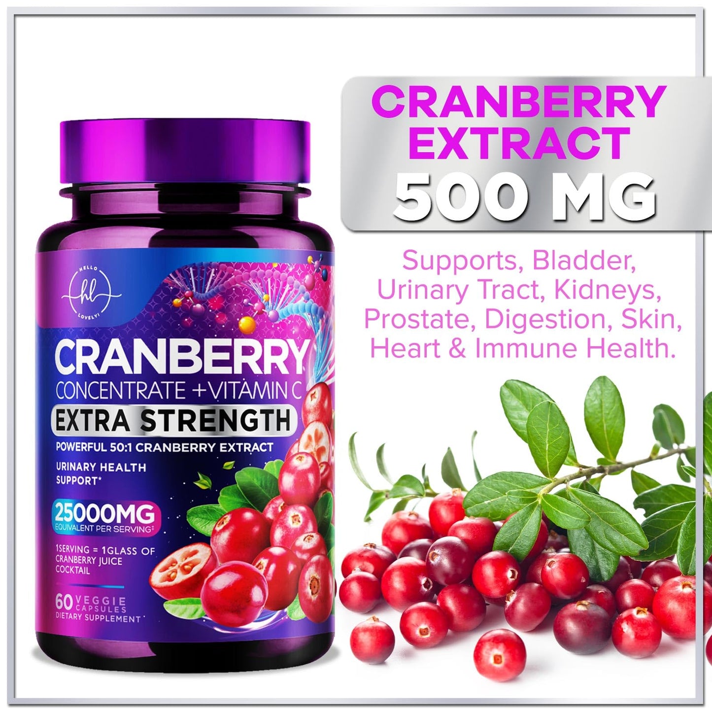 Cranberry Pills 25,000mg 3X Strength with Vitamin C | Sugar-Free, 60 Capsules