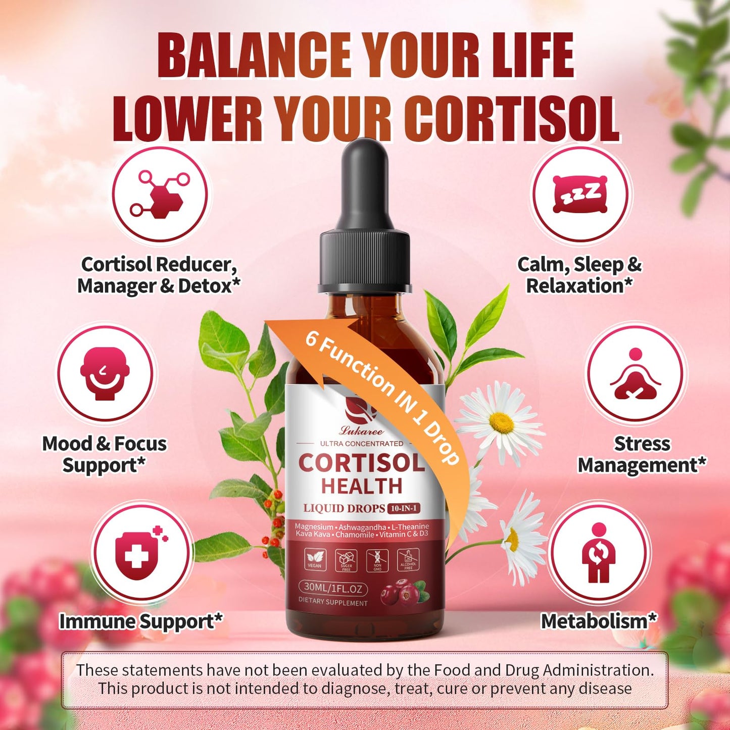 Cortisol Supplement Liquid Drops – 10-in-1 Hormone Balance for Women & Men (2 fl oz, Cranberry)
