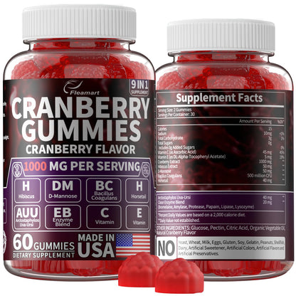 Cranberry Gummies 1000 mg – Urinary Tract Support | D-Mannose, Hibiscus, Vitamins C & E | Made in USA 60 Count